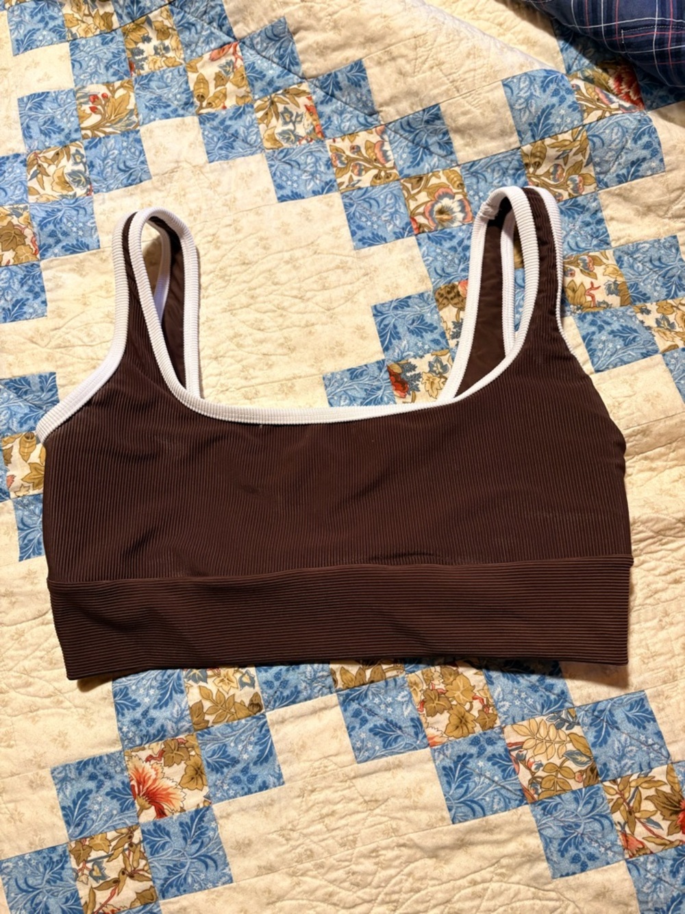 LainSnow Brown Ribbed Bikini Top with White Trim